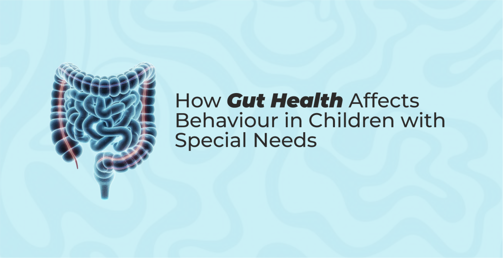 Caption for the post. Contains the picture of the human gut and the title, "how gut health affects the behaviour of children with special needs."